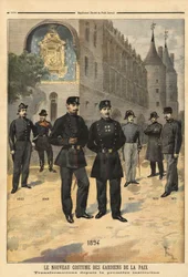 Evolutie van uniformen van vredeshandhavers (of stadssergeanten) van 1860 tot 1894, voor de klokkentoren van de Concierge, Parijs. Gravure in "Le petit journal" 09/1894. Selva