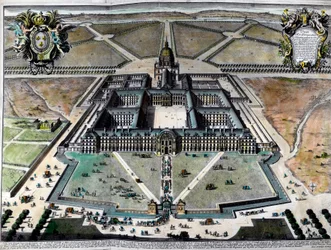 Buitenaanzicht van het Hôtel des Invalides in Parijs in de 18e eeuw. Gravure uit de 18e eeuw. Privécollectie.