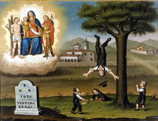 Val van een boom. Linksboven de Madonna tussen San Sebastian en San Roch. Ex voto uit 1870