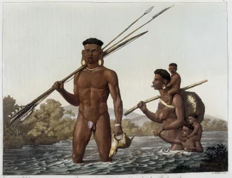 Familie van Botocudos Indianen die terugkeren van de jacht en de rivier Rio Grande oversteken naar Belmonte in Paraguay. In 