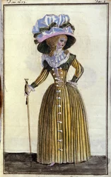 Mode: elegante jonge vrouw met wandelstok. 1787