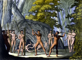 Gevecht tussen botocudos, Indianen van Brazilië - in 