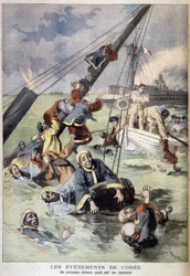 Eerste Chinees-Japanse Oorlog - Gebeurtenissen in Korea: Een Chinees schip gezonken door de Japanners. Illustratie in "Le Petit Journal" van augustus 1894
