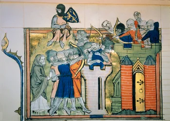 Eerste kruistocht: Godefroi (of Godefroy) van Bouillon (1058-1100) in een ronde toren viel Jeruzalem aan in 1099. Miniatuur uit 