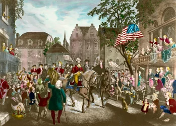 Begin van de Amerikaanse Onafhankelijkheidsoorlog: George Washington triomfantelijke intocht in New York na de Engelse nederlaag