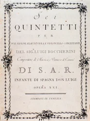 Eerste pagina van de partituur van "Sei quintetti per due violini flauto viola e violoncello" door Luigi Boccherini