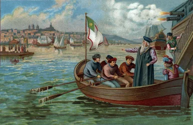 Oude winkelcentra: terugkeer van Vasco de Gama (1469-1524), Portugese navigator naar Porto, Portugal. Chromolithografie uit het einde van de 19e eeuw