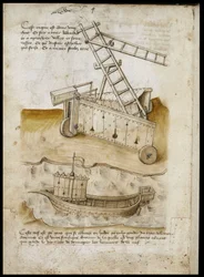 Fortbenadering en schip - Manuscript: perkamentblad van een ingenieurshandboek voor de bouw van civiele, religieuze en militaire gebouwen, anoniem, laat 15e eeuw (figuur in Chinese inkt)