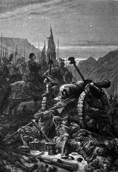 François I bleef in het zadel de nacht voor de Slag bij Marignan, september 1515. Gravure uit de 19e eeuw.