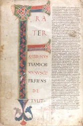 Frater Ambrosius michi munuscula perferens. Capulettera van de opdrachtbrief van de heilige Hiëronymus
