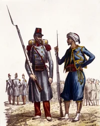 Frans militair uniform: Links, een vreemdelingenlegioen gevormd en gestuurd naar Algerije in 1831. Rechts, inheemse ruiters, getraind en gestuurd naar Algerije in 1841. In L