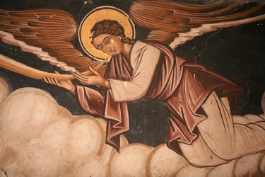 Fresco in de kerk van het Koutloumousiou klooster, berg Athos, Griekenland, 2006 (foto)