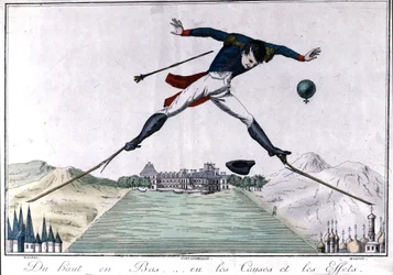 Van boven naar beneden... of oorzaken en gevolgen. Cartoon over de abdicatie van Napoleon I in Fontainebleau na de Spaanse Oorlog en de Russische terugtocht. 1814. Milaan