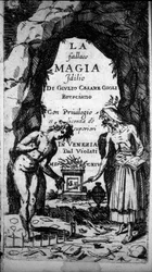 Frontispice van een boek met heksen die magische rituelen uitvoeren