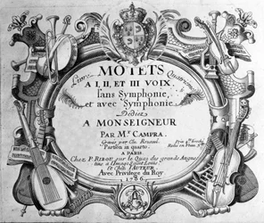 Frontispice van de partituur van het vierde boek motetten door André Campra. 1706
