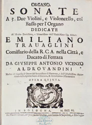 Frontispice van de partituur van "Sonata a 2 violini, violoncello e organo, op. 5" door Giuseppe Aldrovandini