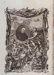 Frontispice met portret van Tractatus musicus werk door Meinrad Spiess
