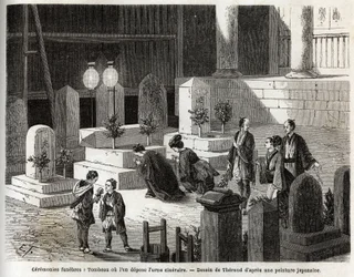 Begrafenisceremonies: graf waar de asurn wordt geplaatst. Gravure ter illustratie van de reis naar Japan in 1863-1864, door Aime Humbert, minister van de Zwitserse Confederatie, in 