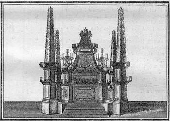 Begrafenis van een paus in de 18e eeuw: de katafalk van de overleden paus. Gravure in Histoire des religions.