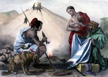 Bont ruilen voor stof tussen Canadese Huron Indianen en blanke man - in "Shyth
