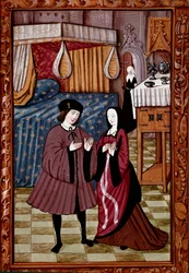 Galante ontmoeting in een slaapkamer. Waarschijnlijk de liefde van Jean III de Brush en Louise de Laval. Miniatuur uit manuscript ms. 1475