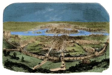 Algemeen overzicht van Parijs met de omheining onder Filips Augustus, gravure 19e eeuw