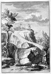 Geometres meten - gravure uit De Architectura Libri X door Leon Battista Alberti, gedrukt in Londen bij Th. Edlin in 1739