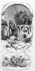 Gilles de Rais (Retz of Rays) (1404-1440) in situatie: de tovenaars kochten voor hun magische operaties doodgeboren kinderen (15e eeuw) - gravure, n.d.