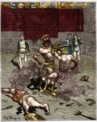 Gladiatorengevecht. Gravure uit de 19e eeuw.