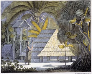 Habitat op de Radak-eilanden, Marshall-eilanden archipel. Gravure uit de 19e eeuw.