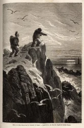 Hans, een jager die artsen Hayes en Kane had vergezeld op een eerdere Arctische expeditie, voordat hij hen verliet om zich in een Eskimau-dorp te vestigen, signaleert het schip van Hayes in de hoop gerepatrieerd te worden in 1860. Gravure ter illustratie v