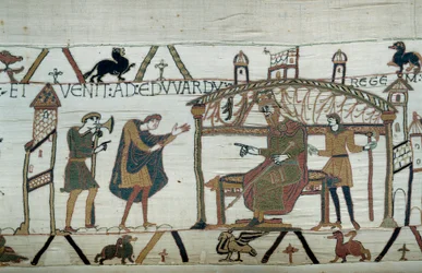 Harold, die terugkeerde naar Engeland na zijn ambassade bij hertog Willem de Veroveraar (1027-1087), vertelt zijn reis aan koning Edward de Belijder (detail van het Tapijt van Bayeux)