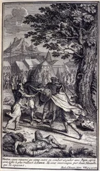 Hector, terugkerend naar het kamp, gaat een enkelgevecht aan met Ajax, na de dapperste van de Grieken te hebben uitgedaagd. Ze worden onderbroken door twee herauten die hen scheiden. Illustratie van boek VII van de Ilias van Homeros, Franse editie