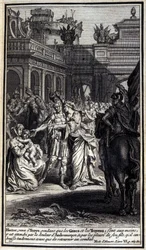 Hector, die naar Troje kwam terwijl de Grieken en de Trojanen in hun handen waren, werd getroffen door het verdriet van Andromache en door het huilen van zijn zoon, die hij teder kuste voordat hij terugkeerde naar de strijd. Illustratie van boek VI van de 