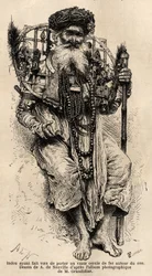 Hindoe die gezworen heeft een grote ijzeren cirkel om zijn nek te dragen. Gravure ter illustratie van de reis in de zuidelijke provincies van India, door Alfred Grandidier, in 1862-1864, gepubliceerd in 