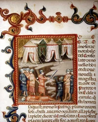 Historiae romanae decades (= groepen van 10 boeken) (in het Frans Geschiedenis van Rome vanaf de stichting tot 292 v.Chr.) door Titus Livius (-59 - 17). Miniatuur die de Romeinse verovering voorstelt. 14e eeuw.