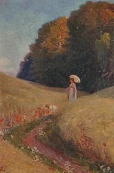 Historische wenskaart naar een schilderij, moeder en dochter wandelen in een bloemenweide