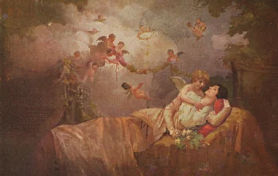 Historische wenskaart met engelen die geluk brengen aan een vrouw, kitscherig-romantisch
