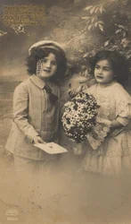 Historische naamdag wenskaart, kinderen in poppenkostuum, kitscherig, romantisch