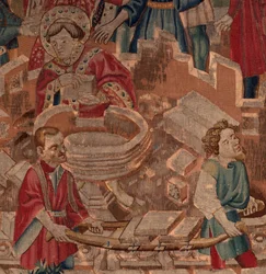 Geschiedenis van de heilige Piat en de heilige Eleuthère, scène 5, detail. Midden. De heilige, metselaars en het doopvont.