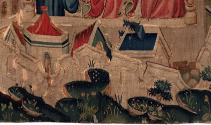Geschiedenis van Sint Piat en Sint Eleuthère, Scene 9 Sint-Eleuthère wordt bevestigd als bisschop van Doornik. Detail midden onder. De stadsmuren, huizen
