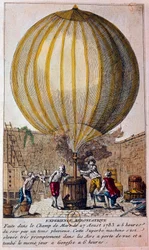 Geschiedenis van de luchtballonnen: aerostatisch experiment uitgevoerd op de Champ de Mars in Parijs op 27/08/1783: de ballon wordt door Jacques Charles (1746-1823) met waterstofgas gevuld. Gravure uit de 18e eeuw, Parijs, B.N.