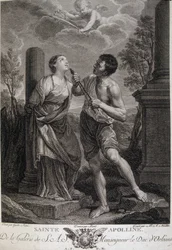 Heilige Appoline tijdens de vervolgingen krijgt haar tanden gebroken omdat ze weigerde eer te bewijzen aan de Romeinse goden. Gravure uit de 17e eeuw.