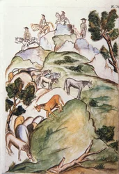 Paardenhoeders omsingelen merries in de bergen om ze te vangen, uit het boek "Trujillo del Peru" of "Códice Martínez Compañón", door Baltazar Martinez Compañón y Bujanda, bisschop van Trujillo (1782-1785)