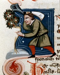 Tuinbouw: een boom verpotten. Detail. Manuscriptpagina (MS.s.vi) "Agrarisch Verdrag" (Trattato di agraria) door Pietro de Crescenzi (1233-1320) 14e eeuw Cesena, Biblioteca Malatestiana