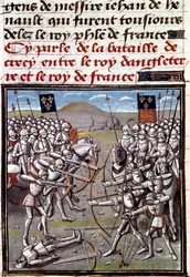 Honderdjarige Oorlog: de Slag bij Crecy op 26/08/1346 tussen de Fransen en de Engelsen. Miniatuur uit de Kronieken van Jean Froissart (1337-1400)