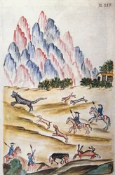 Jacht op wilde kat in de bergen, uit het boek "Trujillo del Peru" of "Códice Martínez Compañón", door Baltazar Martinez Compañón y Bujanda, bisschop van Trujillo (1782-1785)