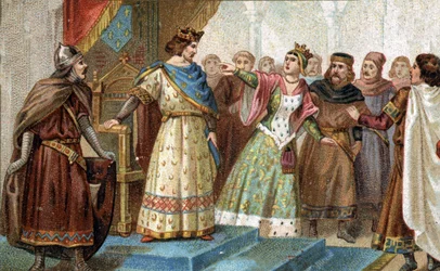 In 1274 werd koningin Maria van Brabant valselijk beschuldigd door de grote kamerheer Pierre de la Broce (Pierre de Brush) van de dood van de jonge prins Lodewijk van Frankrijk, de kleinzoon van Filips III en Isabella van Aragon. Chromolithografie uit het 