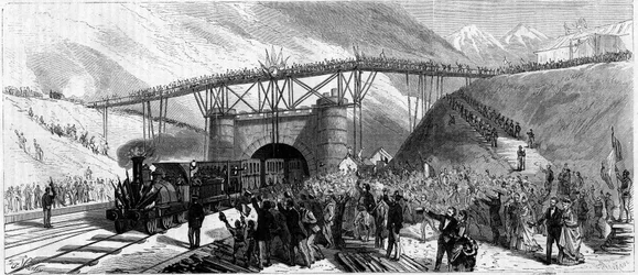Inhuldiging van de tunnel van Mont Cenis (Monte Cenisio) in 1871. Aankomst van de trein nodigt uit naar Bardonneche (Bardonecchia).