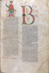 Incipit David, Beatus; Incipit van Psalmen, 11e eeuw (miniatuur, vliezig handschrift)